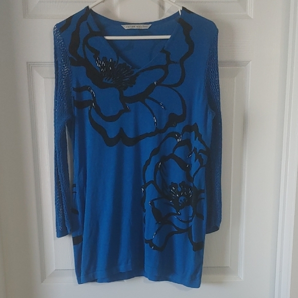 Stunning Blue Sweater w/Black Floral & Beaded Tunic Women's Sz Sm Or Slim Med - Picture 4 of 8